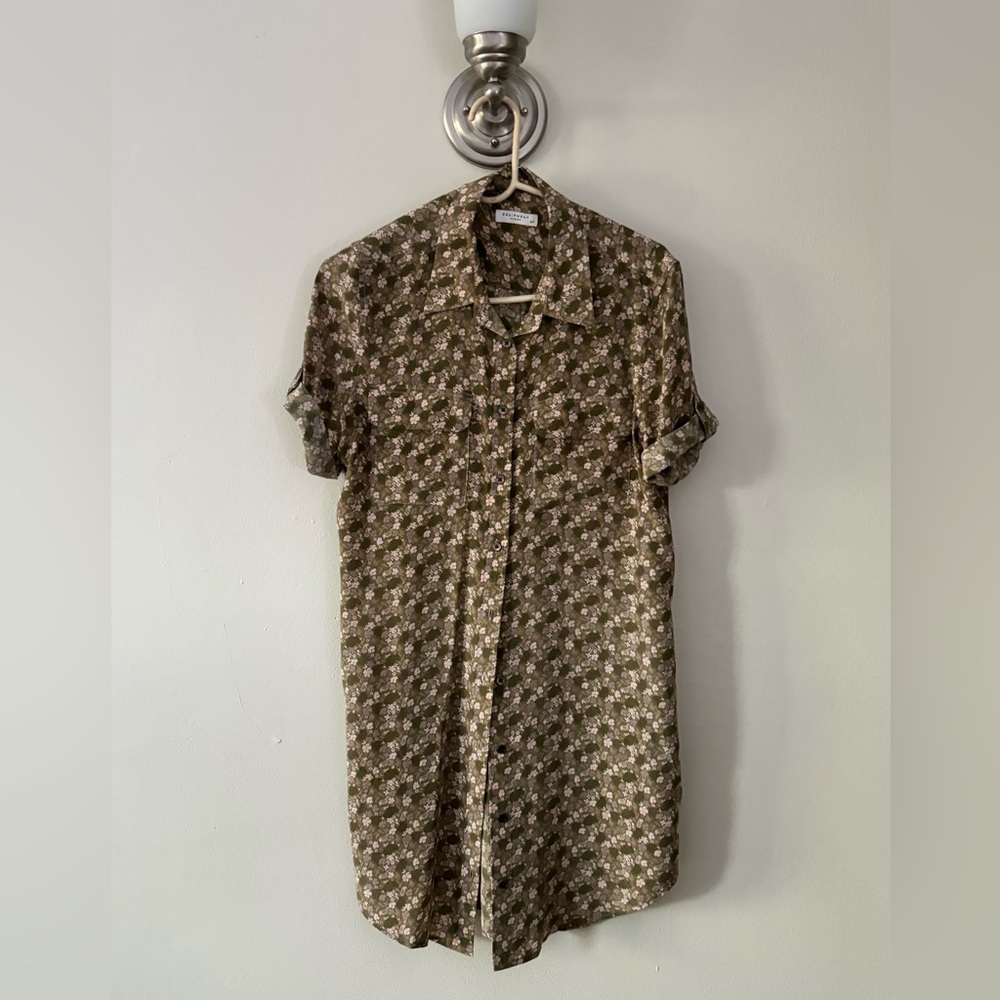 Equipment Femme Silk Shirt Dress - Green and Pink Floral